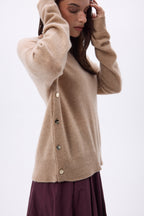 Pull Col Rond À Boutons Latéraux Dorés Ora - Beige Creme - Femme