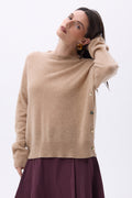 Pull Col Rond À Boutons Latéraux Dorés Ora - Beige Creme - Femme