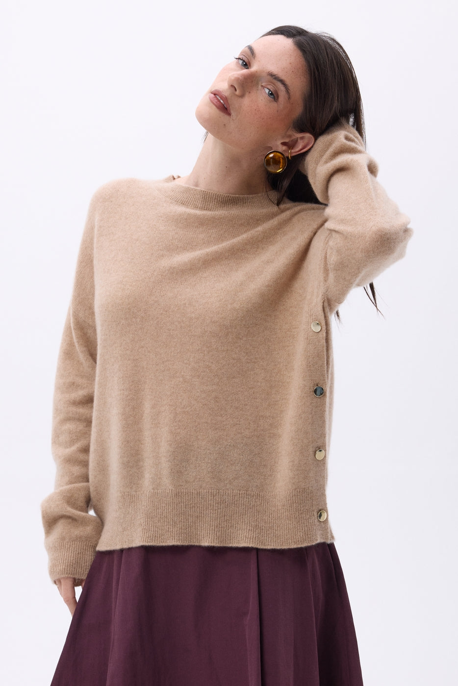 Pull Col Rond À Boutons Latéraux Dorés Ora - Beige Creme - Femme