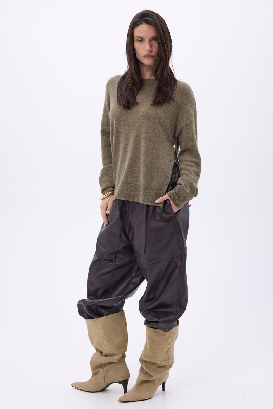 Pull Col Rond À Boutons Latéraux Dorés Ora - Khaki Chine - Femme