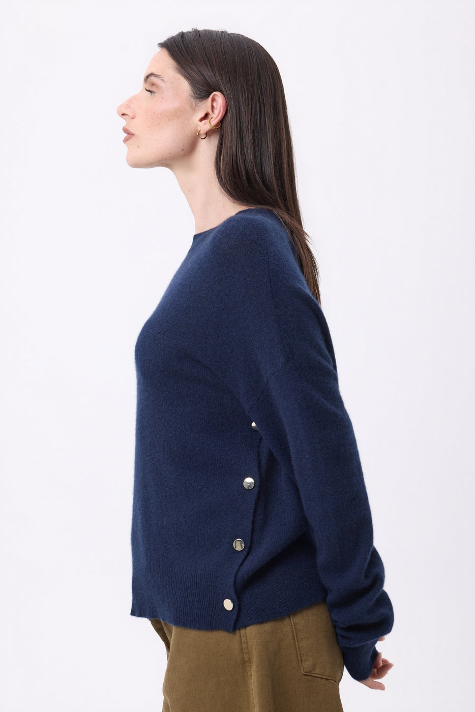 Jersey de cuello redondo con botones laterales dorados Ora - Azul marino - Mujer
