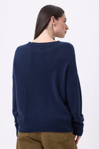 Jersey de cuello redondo con botones laterales dorados Ora - Azul marino - Mujer