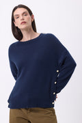 Jersey de cuello redondo con botones laterales dorados Ora - Azul marino - Mujer