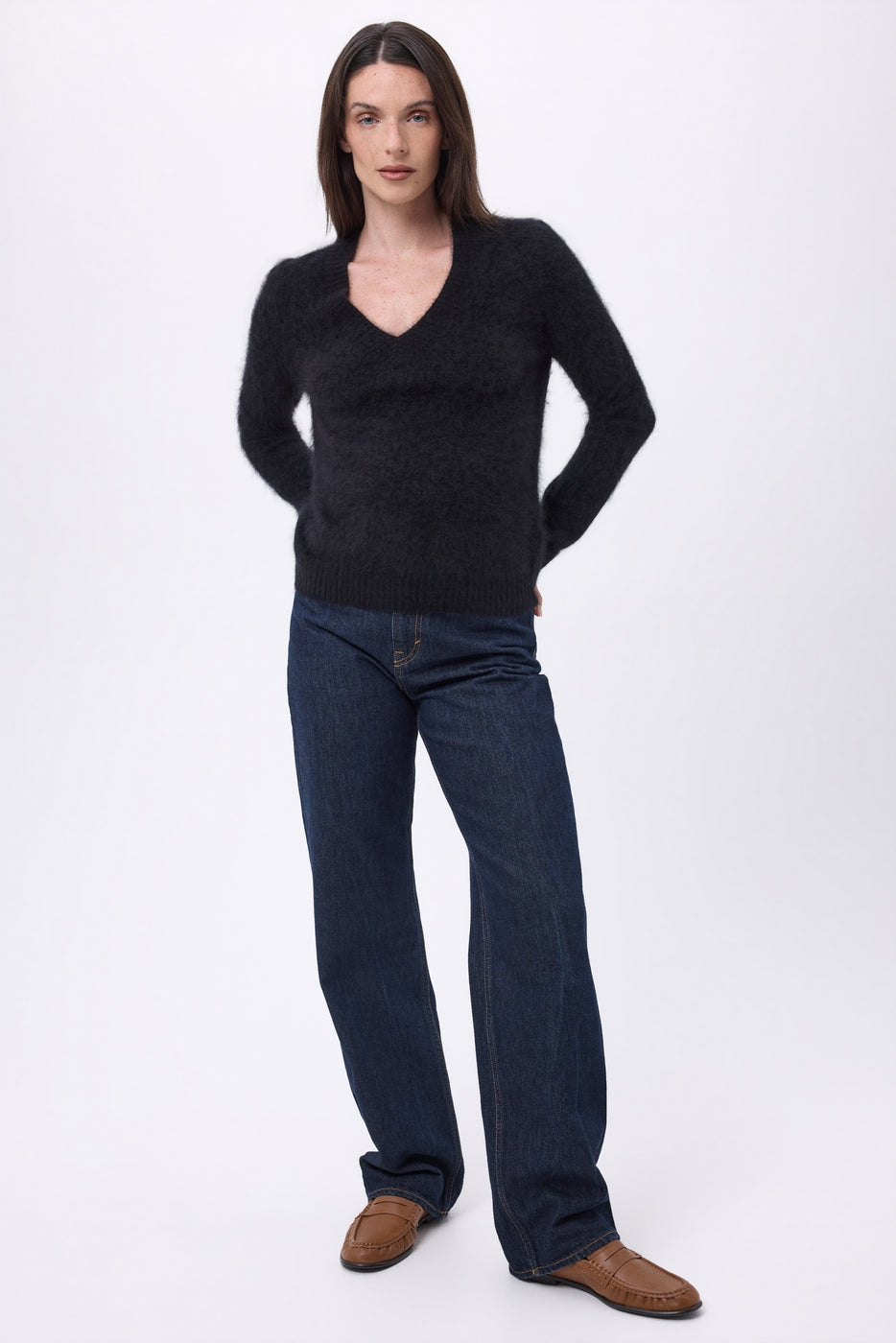 Pull Col V – Cachemire Brossé Orion - Noir - Femme