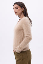 Pull Col V – Cachemire Brossé Orion - Beige Creme - Femme