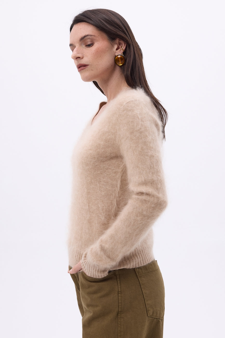 Pull Col V – Cachemire Brossé Orion - Beige Creme - Femme