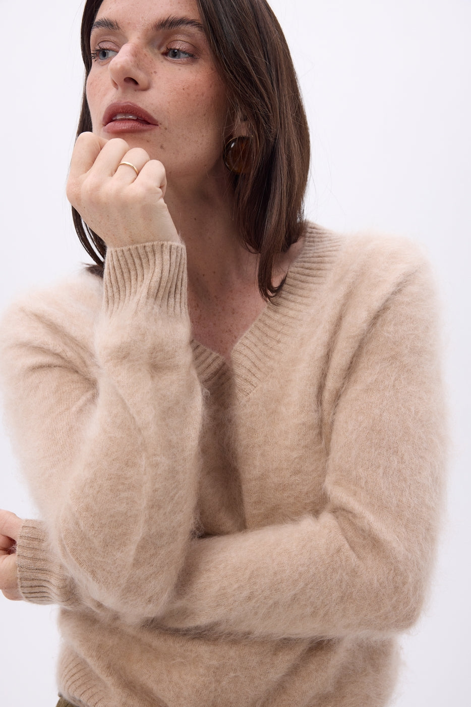 Pull Col V – Cachemire Brossé Orion - Beige Creme - Femme
