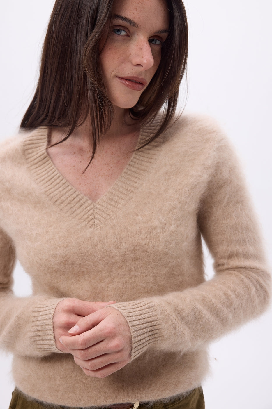 Pull Col V – Cachemire Brossé Orion - Beige Creme - Femme