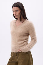 Pull Col V – Cachemire Brossé Orion - Beige Creme - Femme