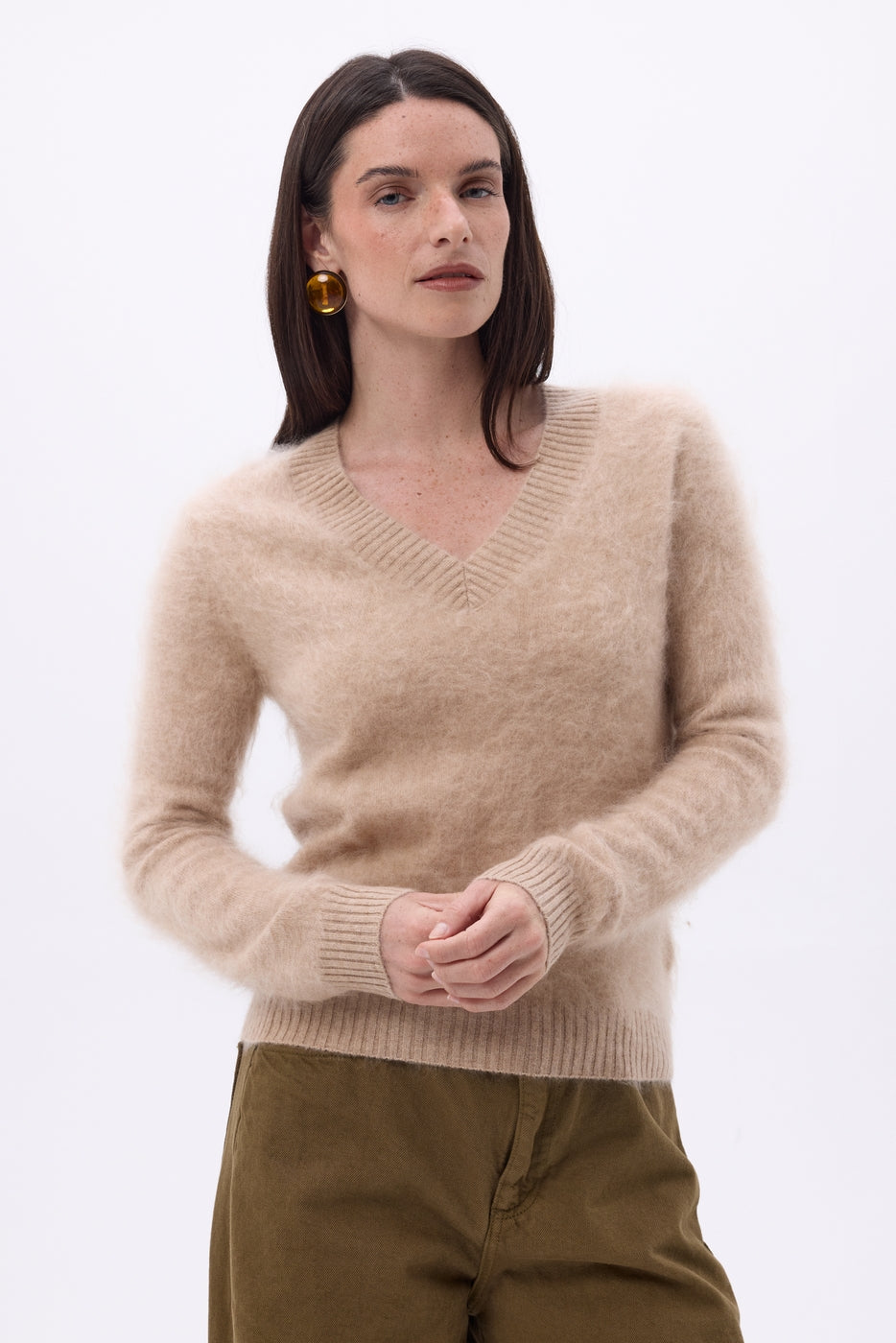 Pull Col V – Cachemire Brossé Orion - Beige Creme - Femme