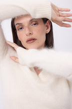 Jersey de cuello en V – Cachemira cepillada Orion - Ecoblanco - Mujer