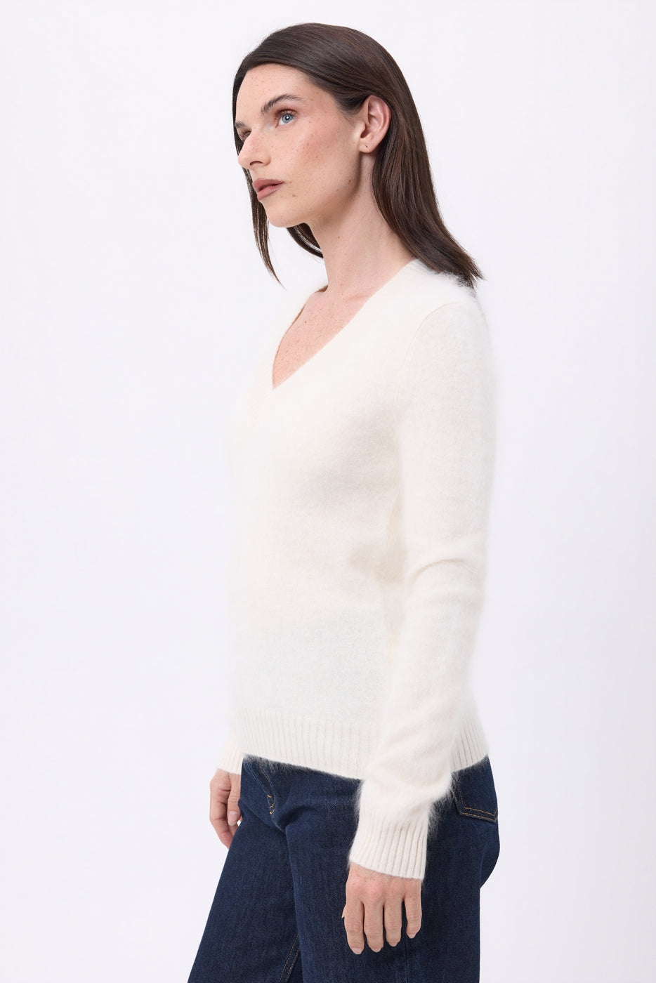 Jersey de cuello en V – Cachemira cepillada Orion - Ecoblanco - Mujer