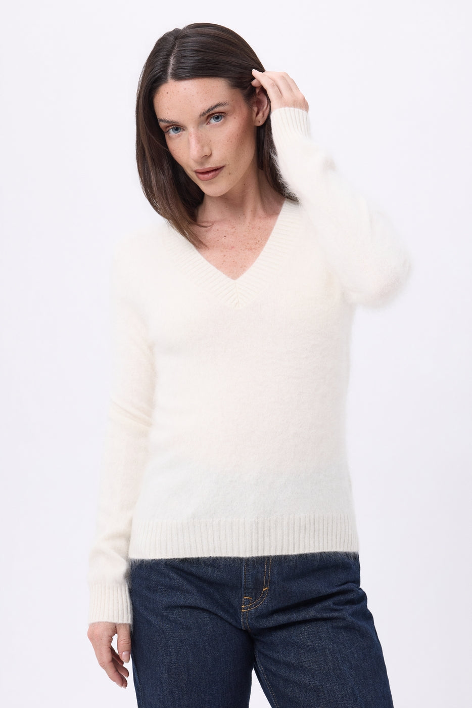 Jersey de cuello en V – Cachemira cepillada Orion - Ecoblanco - Mujer