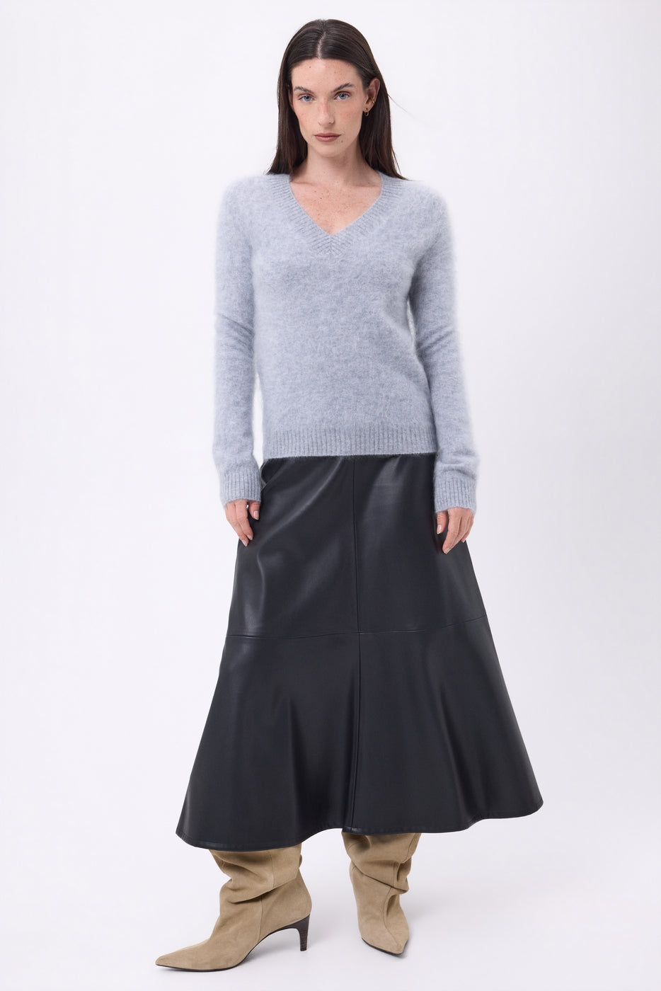 Pull Col V – Cachemire Brossé Orion - Gris Clair - Femme