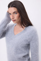 Pull Col V – Cachemire Brossé Orion - Gris Clair - Femme