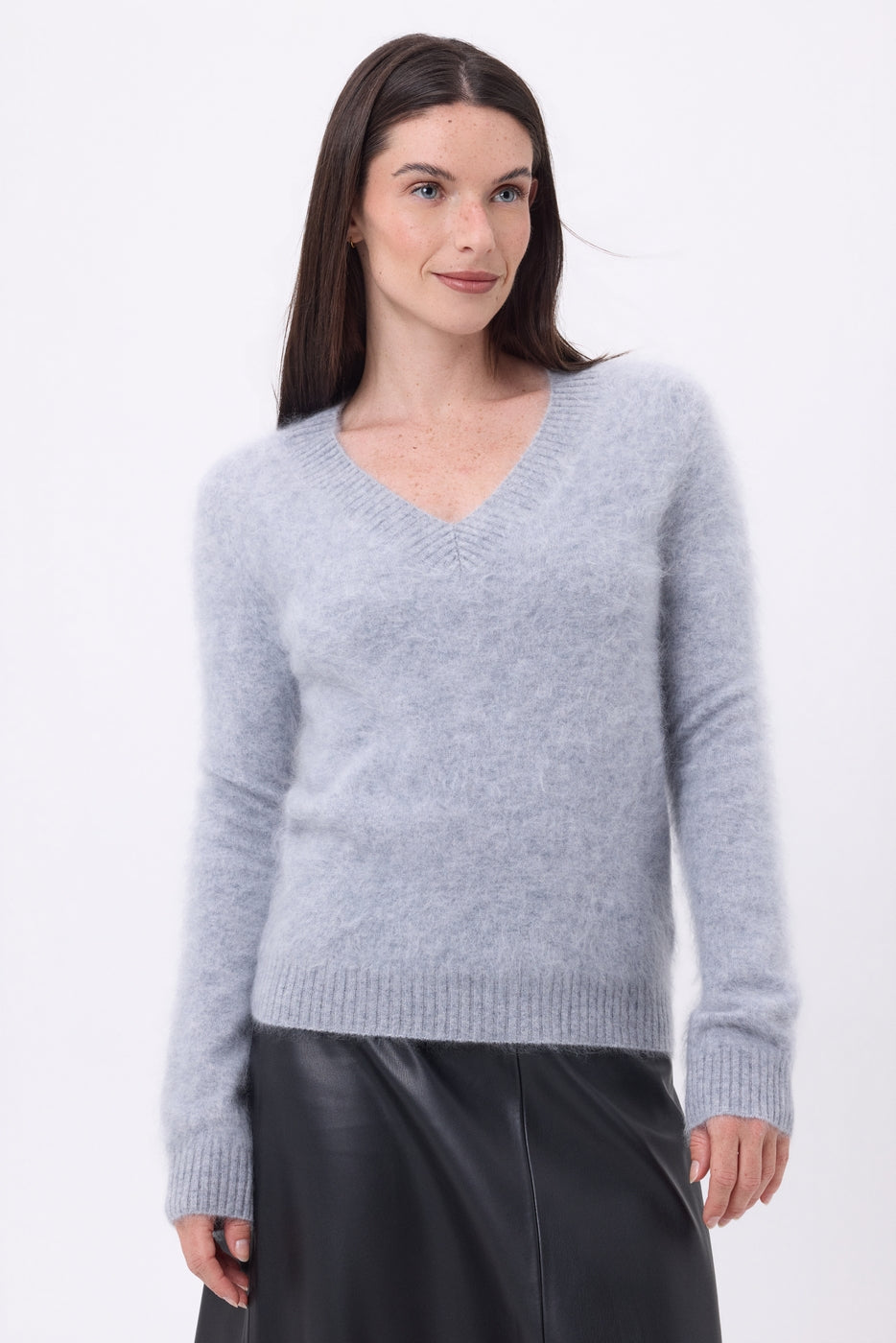 Pull Col V – Cachemire Brossé Orion - Gris Clair - Femme