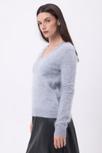 Pull Col V – Cachemire Brossé Orion - Gris Clair - Femme