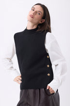 Pull Col Montant Sans Manche Boutons Dorés Orta - Noir - Femme
