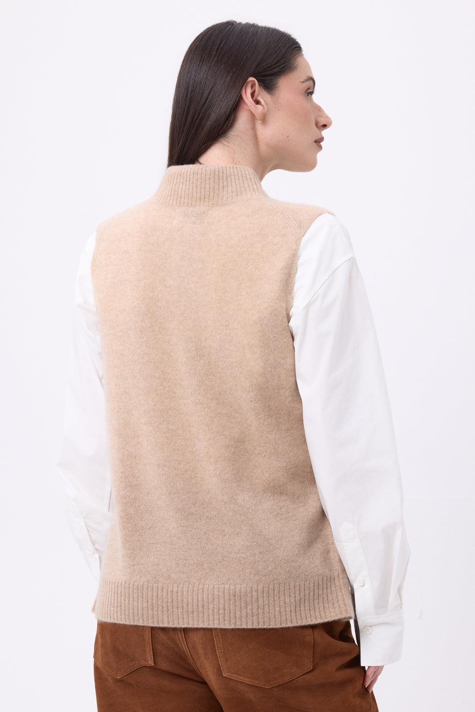 Pull Col Montant Sans Manche Boutons Dorés Orta - Beige Creme - Femme