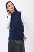 Pull Col Montant Sans Manche Boutons Dorés Orta - Bleu Marine - Femme