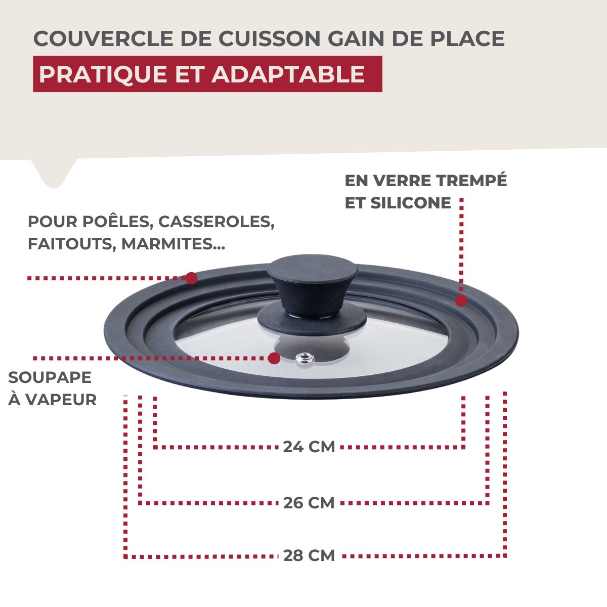 Couvercle De Cuisson Adaptable En Verre Et Silicone Fackelmann - Transparent/Noir