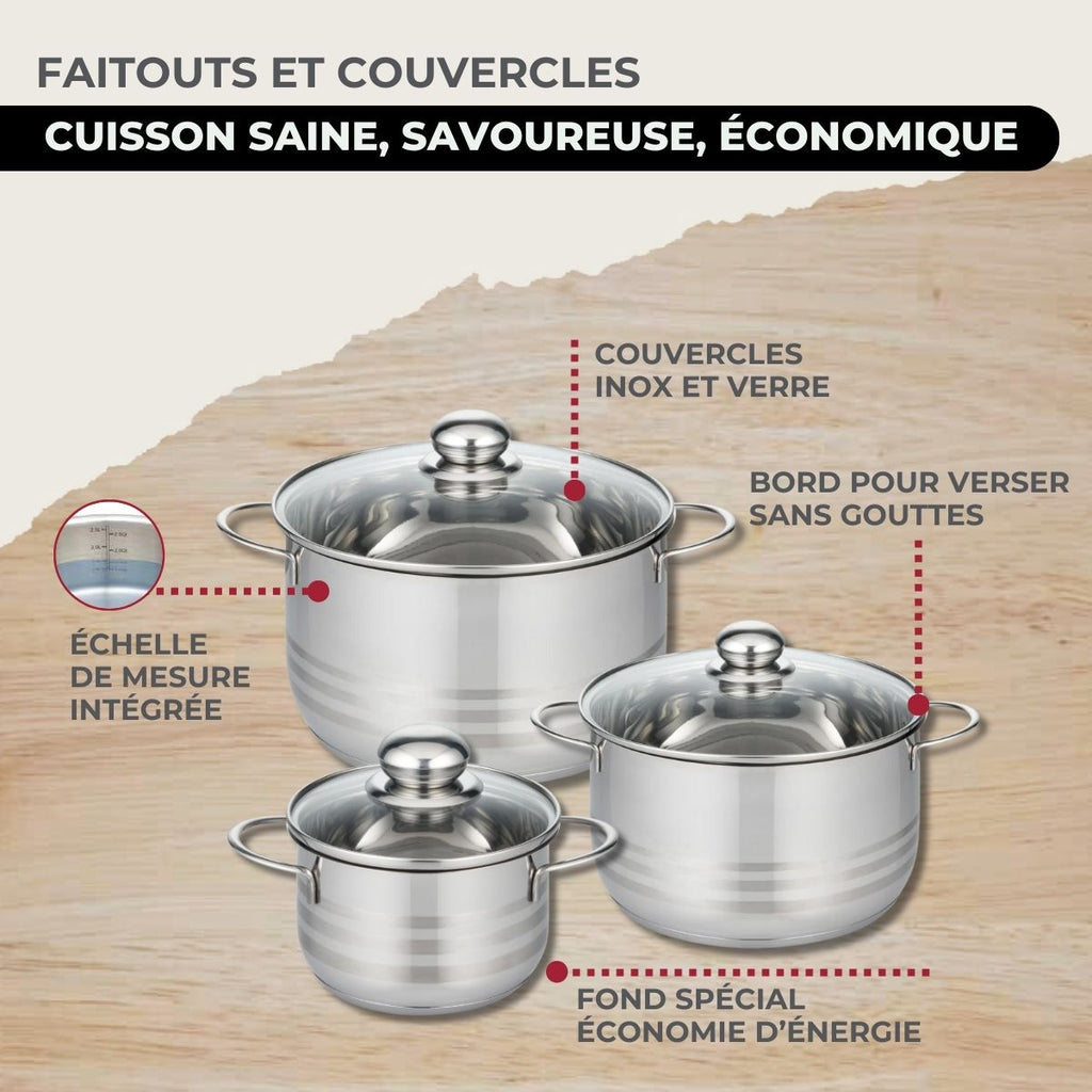 Batterie De Cuisine Avec 3 Poêles Et 3 Faitouts Et 6 Ustensiles De Cuisine Fackelmann Etherna Brillant Oxford - Inox