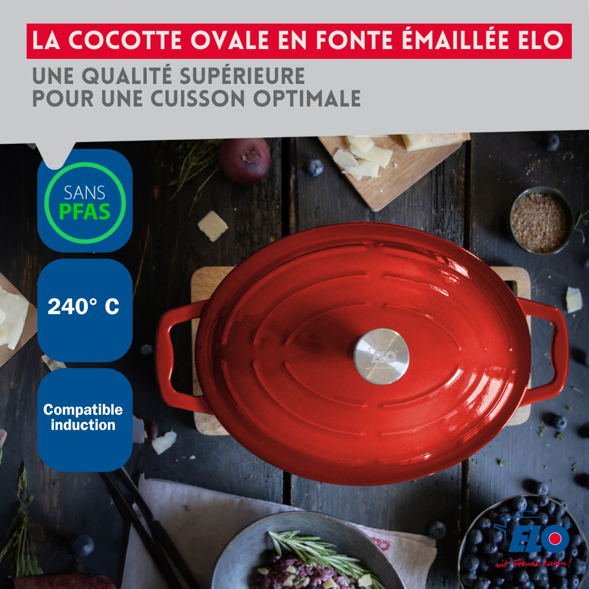 Cocotte Ovale En Fonte Émaillée De Long Rouge Cerise Elo - Rouge