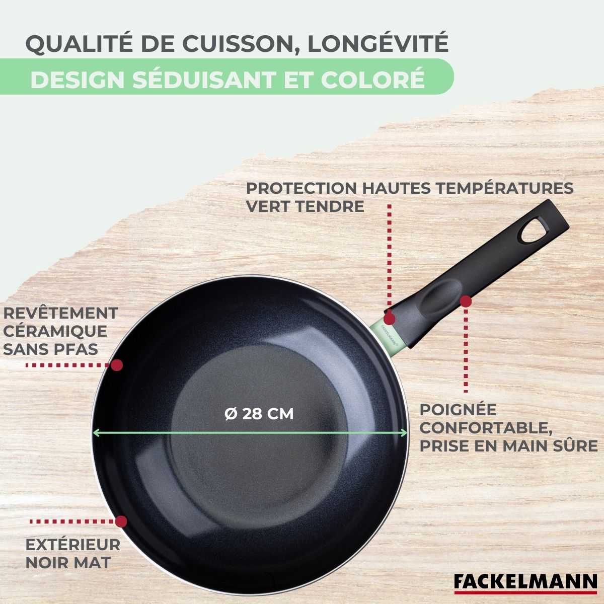 Wok Aluminium Revêtement Céramique Antiadhésif Sans Pfas Fackelmann Brandao - Noir/Vert