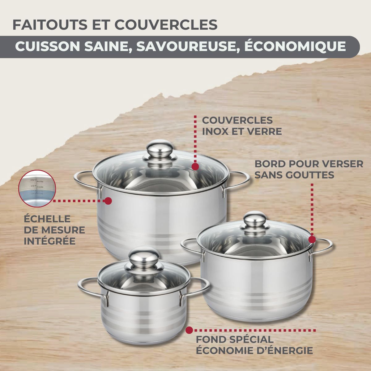 Batterie De Cuisine Avec 3 Poêles Et 3 Casseroles Avec 6 Ustensiles De Cuisine Fackelmann Généva Brillant Oxford - Inox/Noir