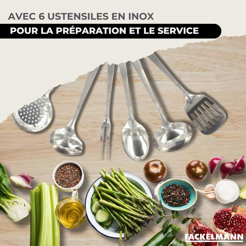 Batterie De Cuisine Avec 3 Poêles Et 3 Faitouts Et 6 Ustensiles De Cuisine Fackelmann Etherna Brillant Oxford - Inox
