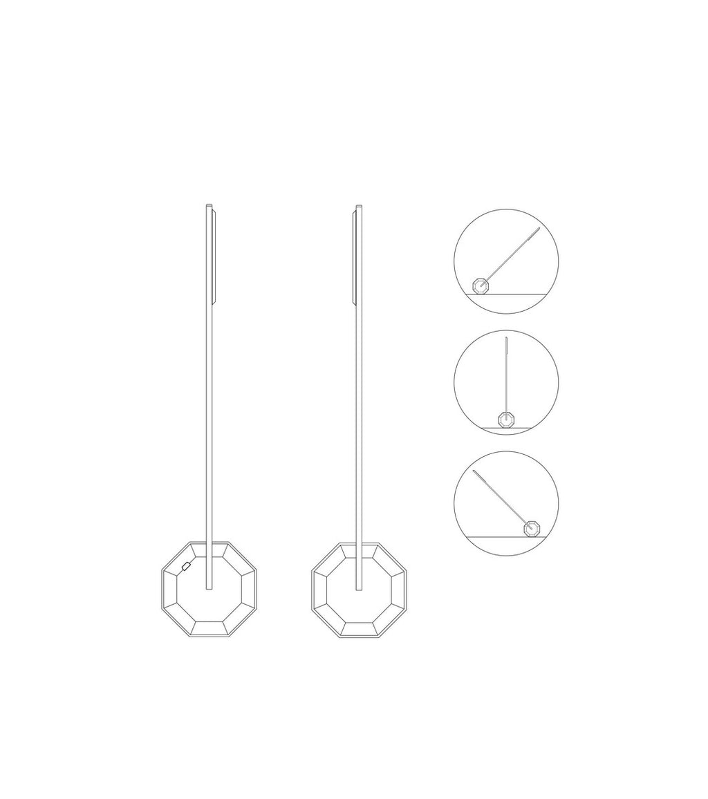 Gingko Design – Lampada da scrivania Octogon One - Marmo bianco, disegno tecnico di orecchini pendenti con forme ottagonali e schemi di movimento