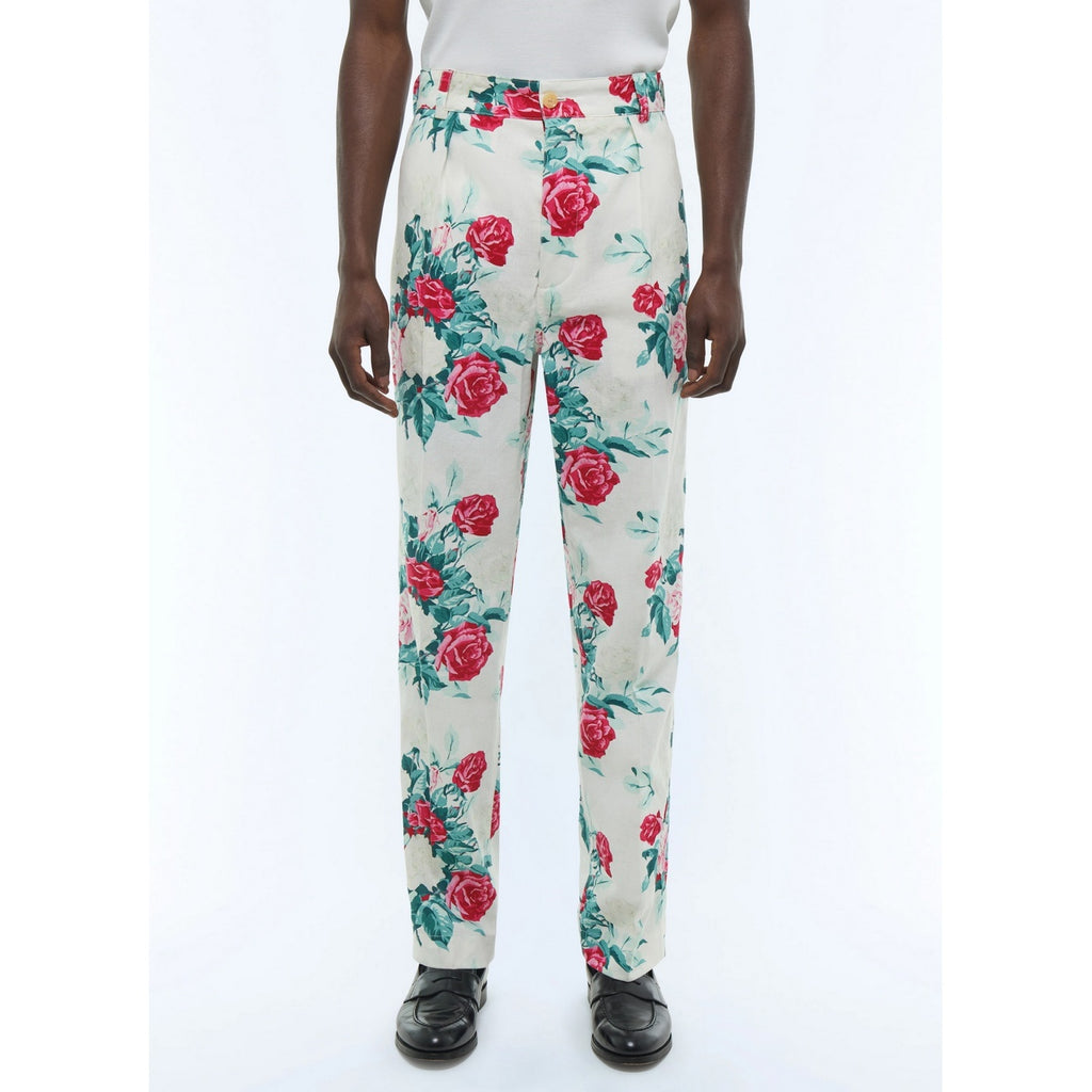Raka chinos i canvas med blommönster - Blommönster i grönt, rosa och vitt