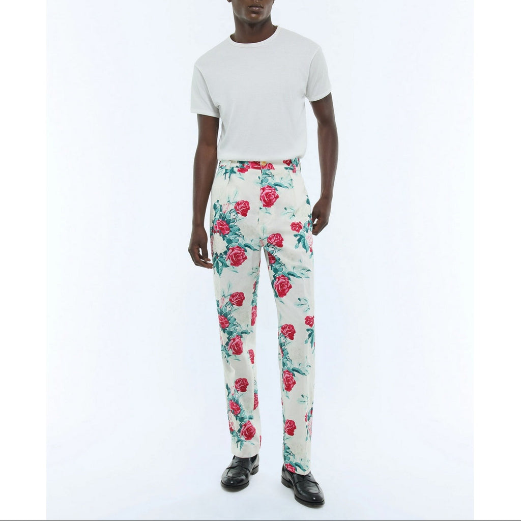 Raka chinos i canvas med blommönster - Blommönster i grönt, rosa och vitt
