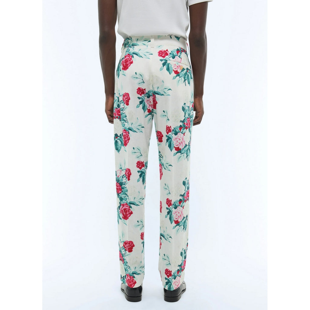 Raka chinos i canvas med blommönster - Blommönster i grönt, rosa och vitt