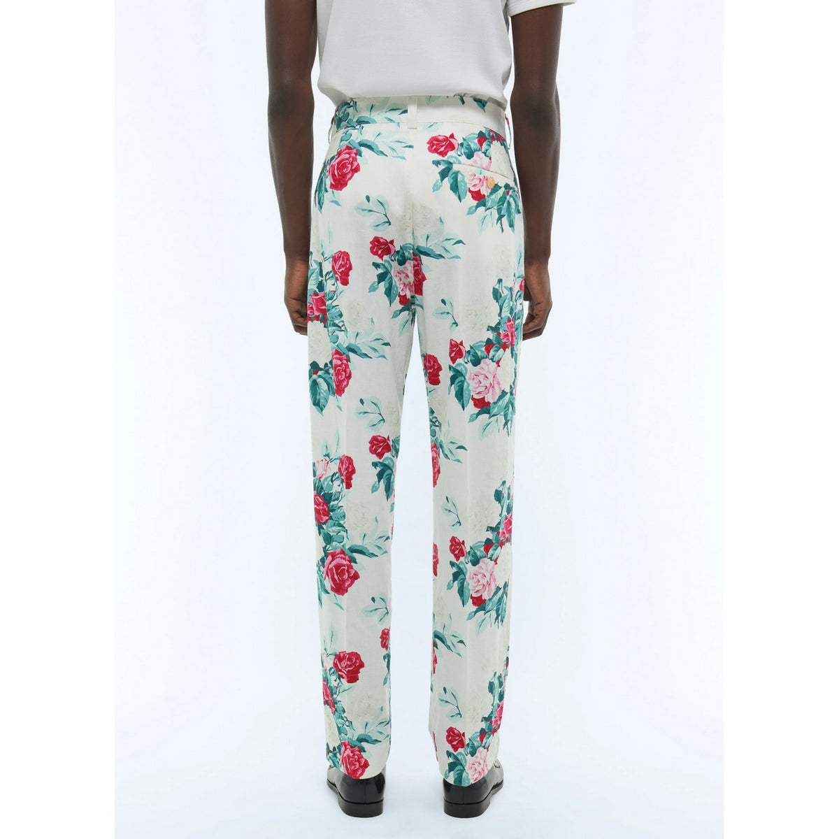 Raka chinos i canvas med blommönster - Blommönster i grönt, rosa och vitt