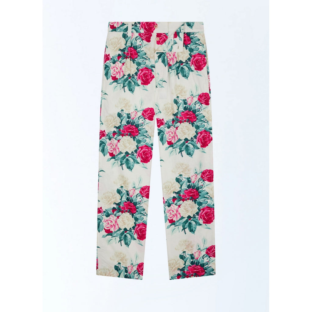 Raka chinos i canvas med blommönster - Blommönster i grönt, rosa och vitt