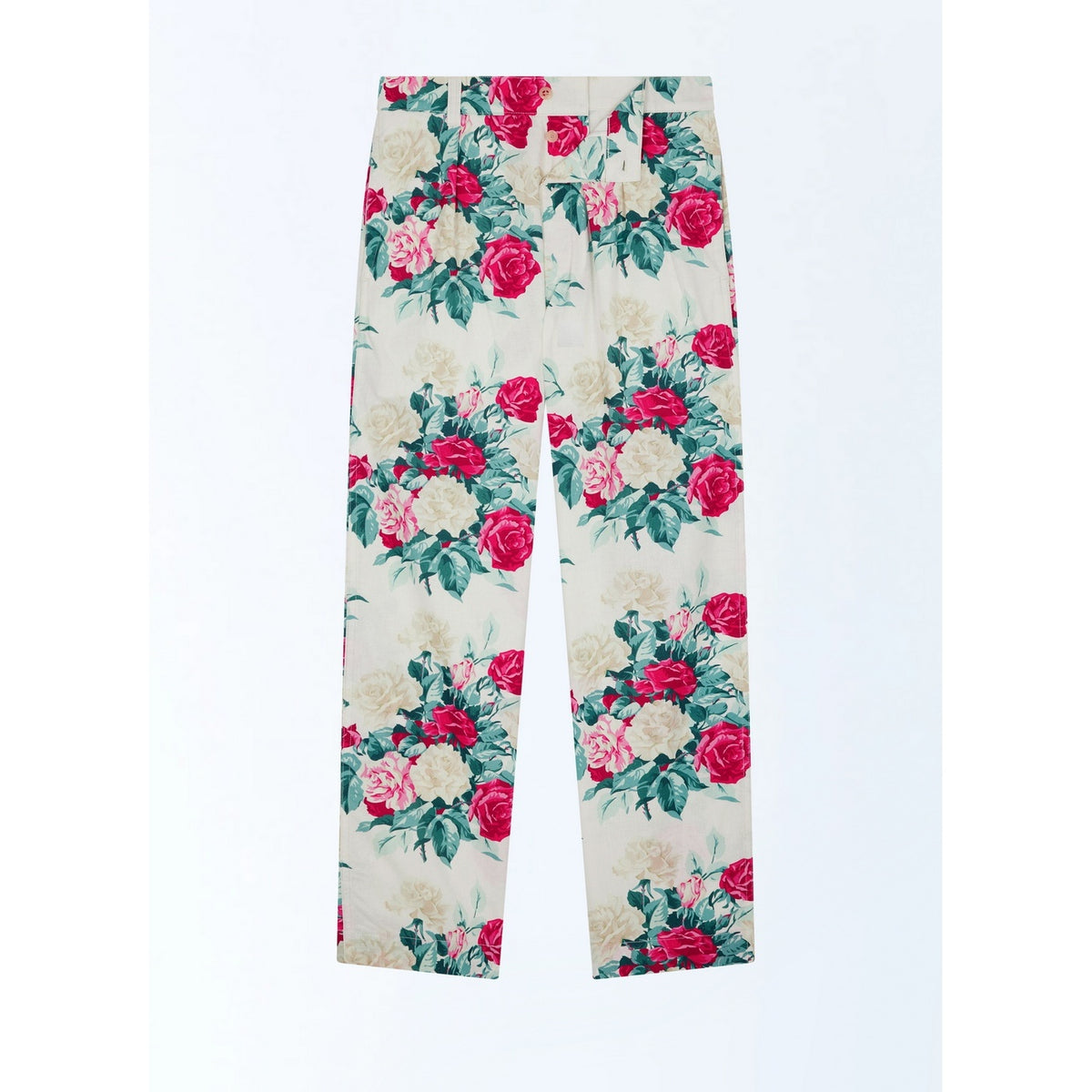 Raka chinos i canvas med blommönster - Blommönster i grönt, rosa och vitt