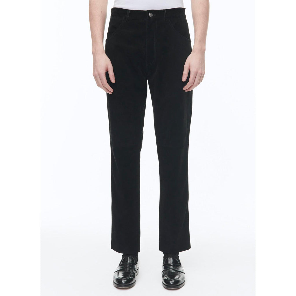 Pantalón recto de piel ante con cinco bolsillos - Negro