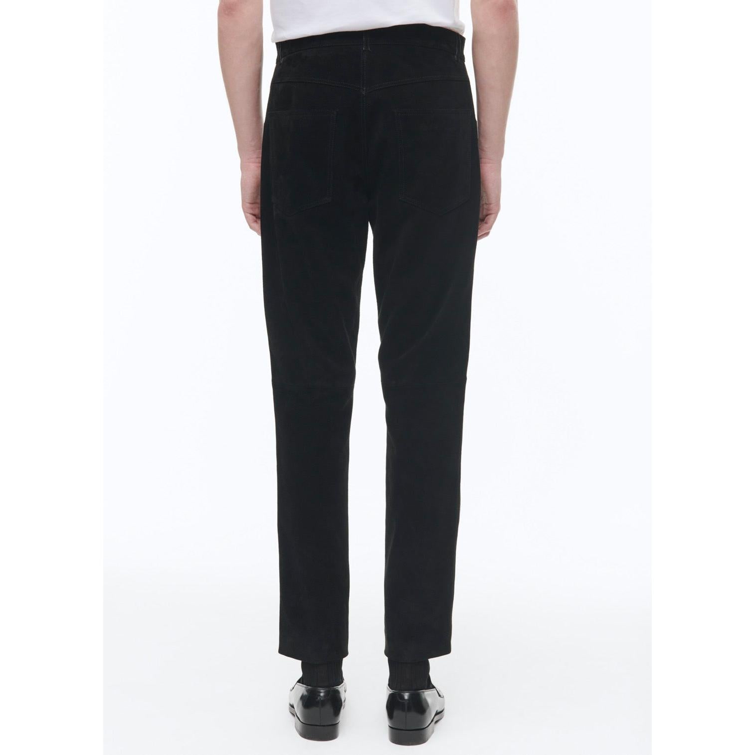 Pantalón recto de piel ante con cinco bolsillos - Negro