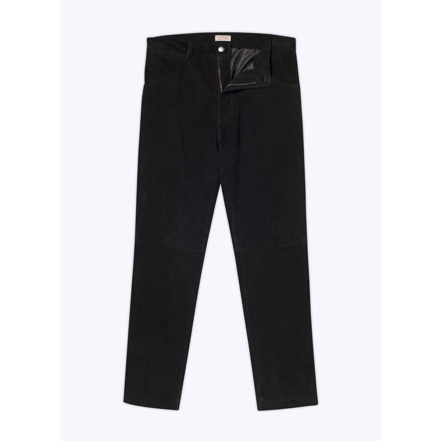 Pantalón recto de piel ante con cinco bolsillos - Negro