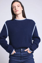 Jersey de cuello redondo con hombros en contraste Paloma - Azul marino azul cielo - Mujer