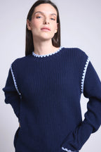 Jersey de cuello redondo con hombros en contraste Paloma - Azul marino azul cielo - Mujer
