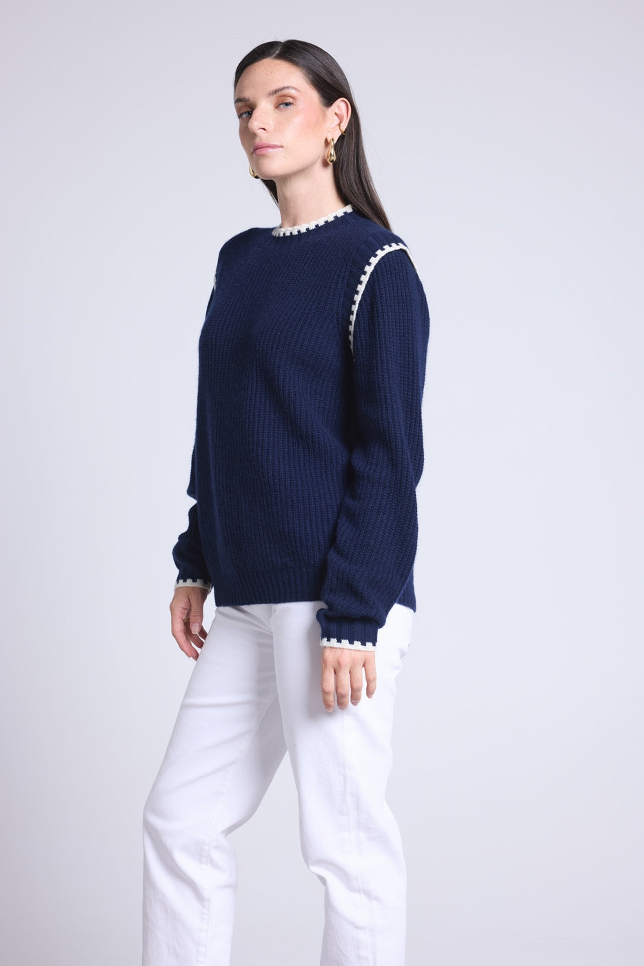 Jersey de cuello redondo con hombros en contraste Paloma - Azul marino azul cielo - Mujer