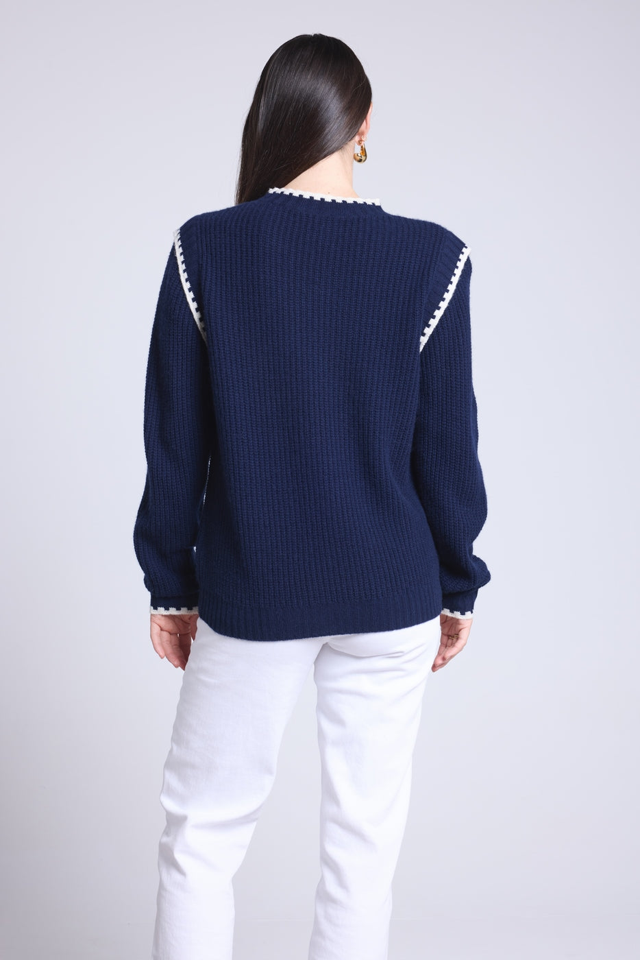 Jersey de cuello redondo con hombros en contraste Paloma - Azul marino azul cielo - Mujer