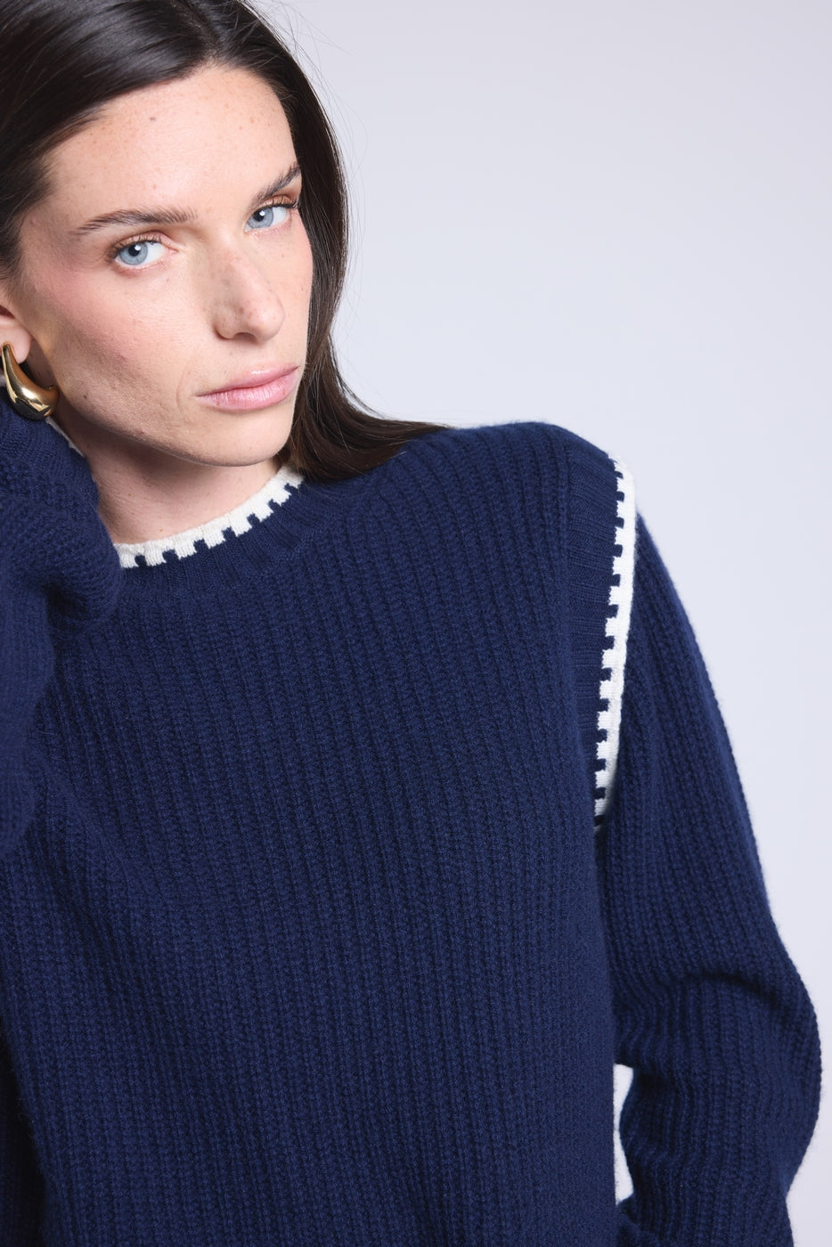 Jersey de cuello redondo con hombros en contraste Paloma - Azul marino azul cielo - Mujer