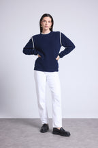 Jersey de cuello redondo con hombros en contraste Paloma - Azul marino azul cielo - Mujer