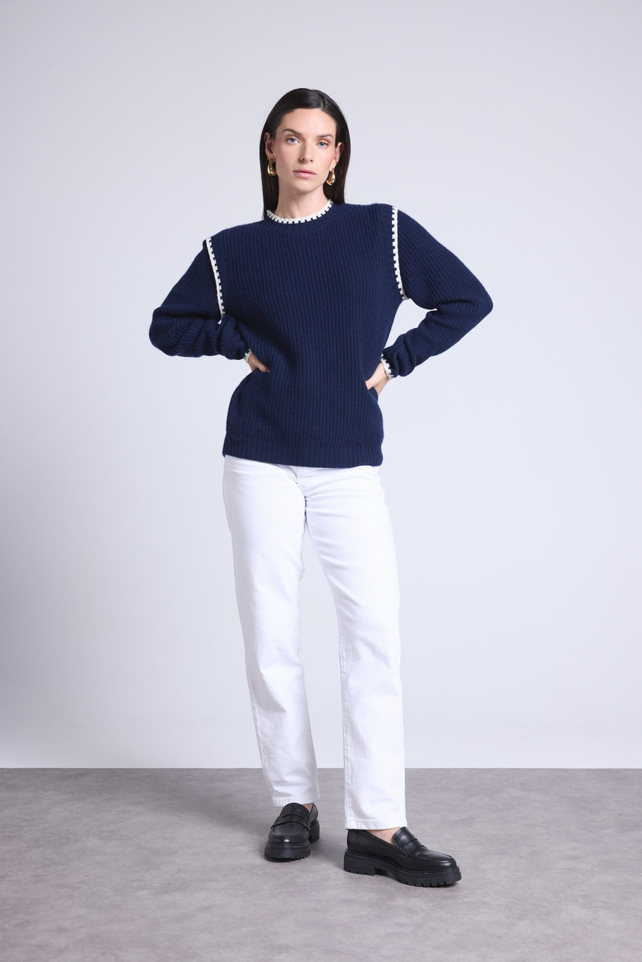 Jersey de cuello redondo con hombros en contraste Paloma - Azul marino azul cielo - Mujer