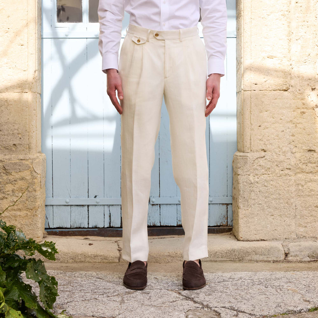 Pantalon À Double Plis En Lin Blanc
