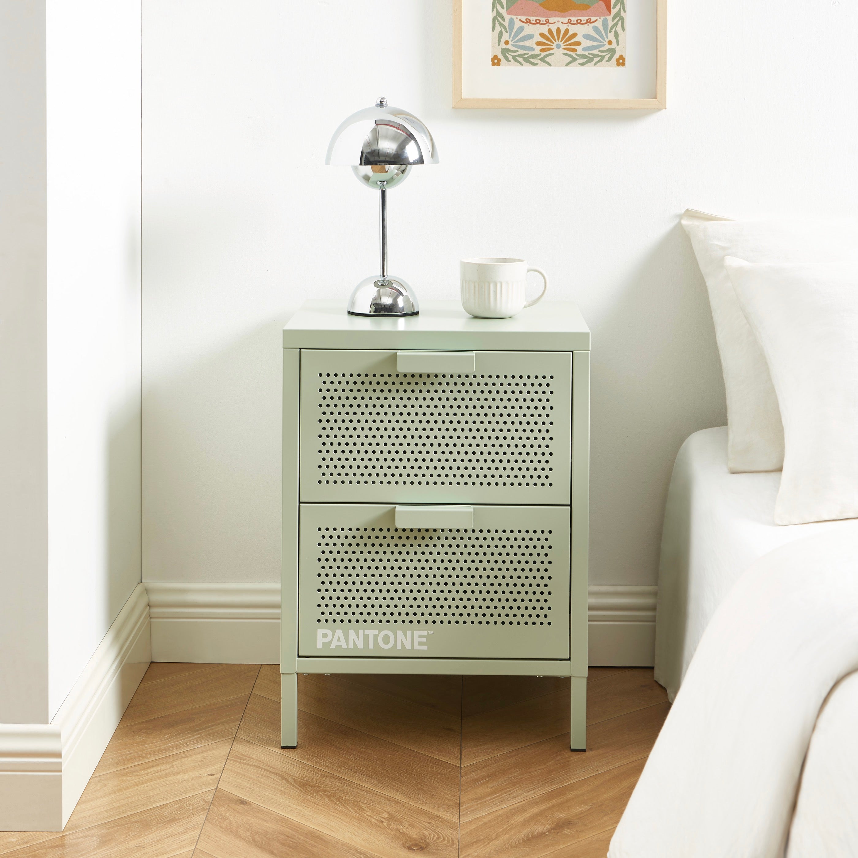 Bedside Table - Metal - Almond Green - Double Drawers