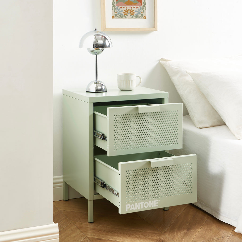 Bedside Table - Metal - Almond Green - Double Drawers